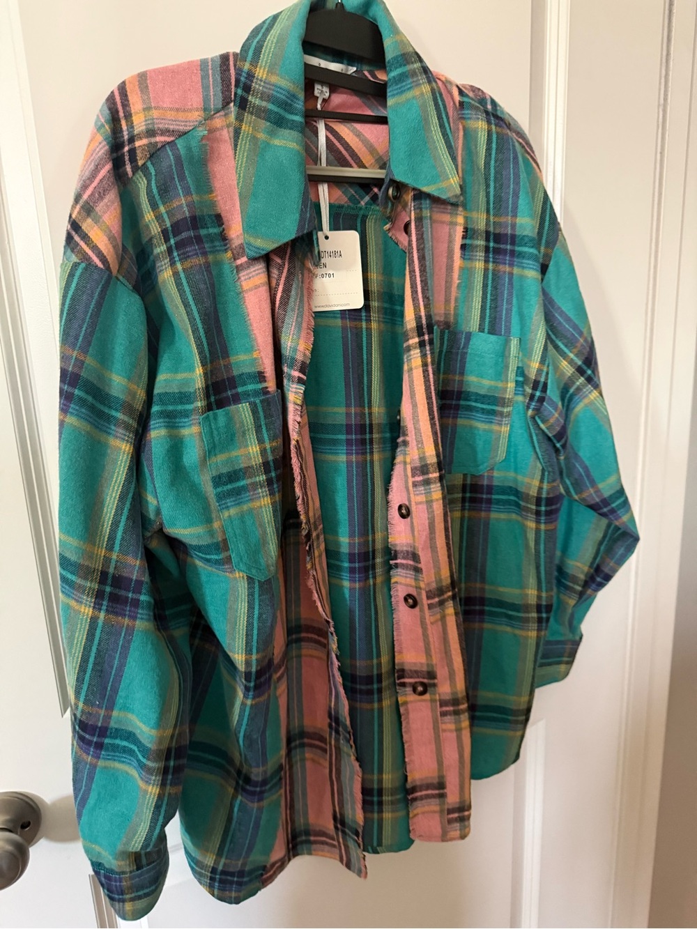 Plaid Two-Tone Button-Up Light Flannel Shirt - Teal & Pink